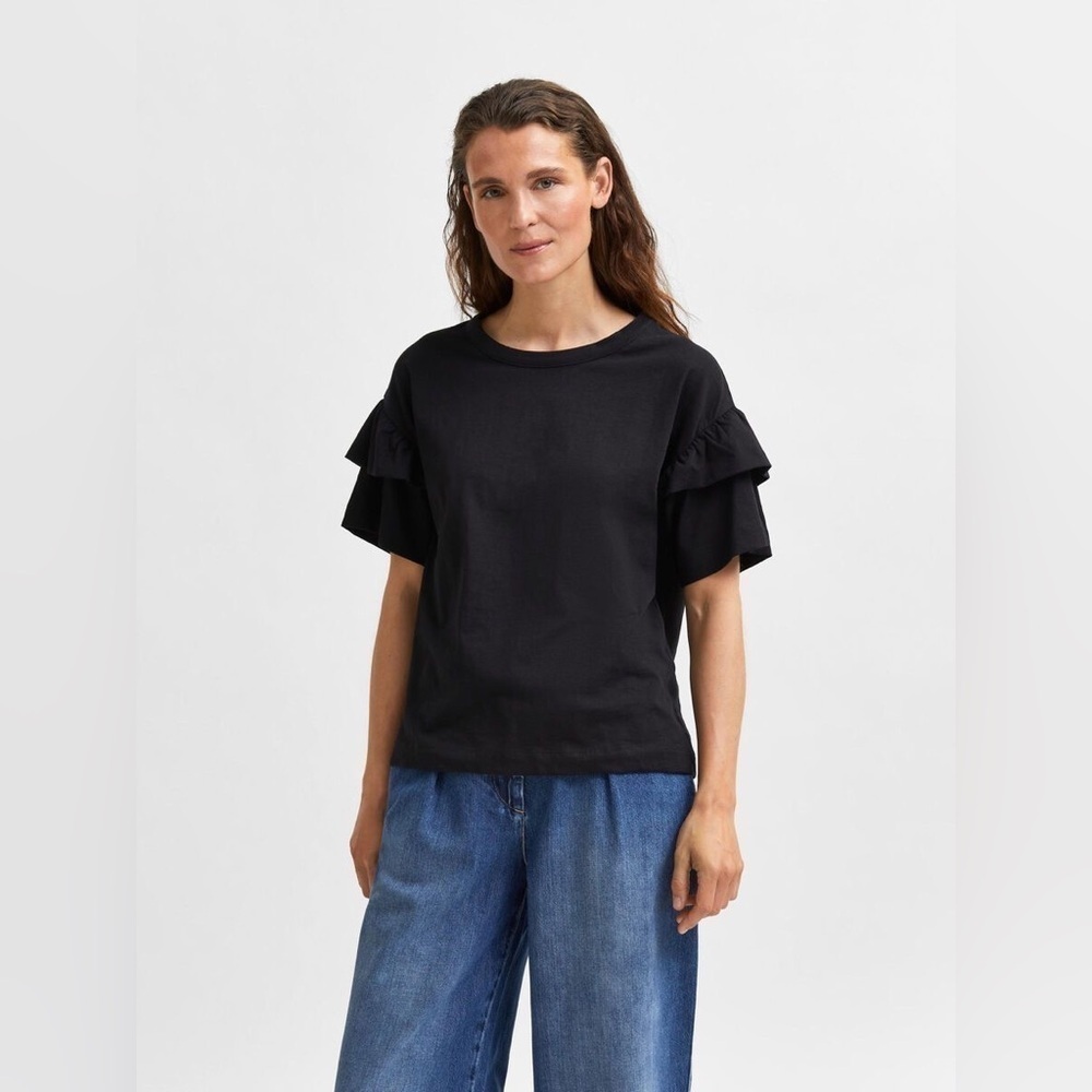 SELECTED FEMME Organic Black Cotton Ruffle Sleeve T-Shirt Size Small